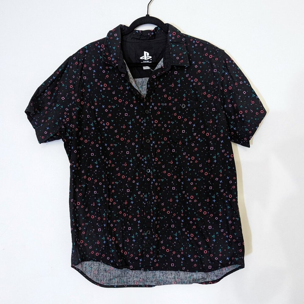 Sony PlayStation PS Controller Icon Allover Print Woven Button Up Men's Shirt XL